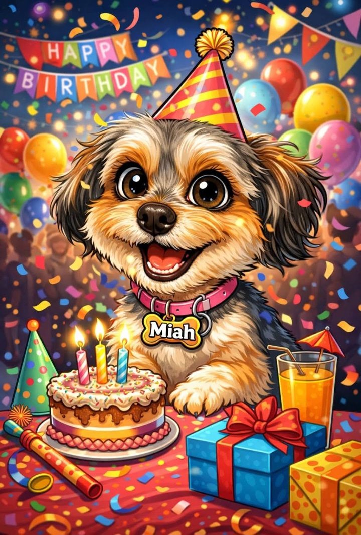 Cartoon-style birthday illustration of a small dog in a party hat and pink collar with a bone tag reading Miah, behind a cake with three candles, balloons and gifts