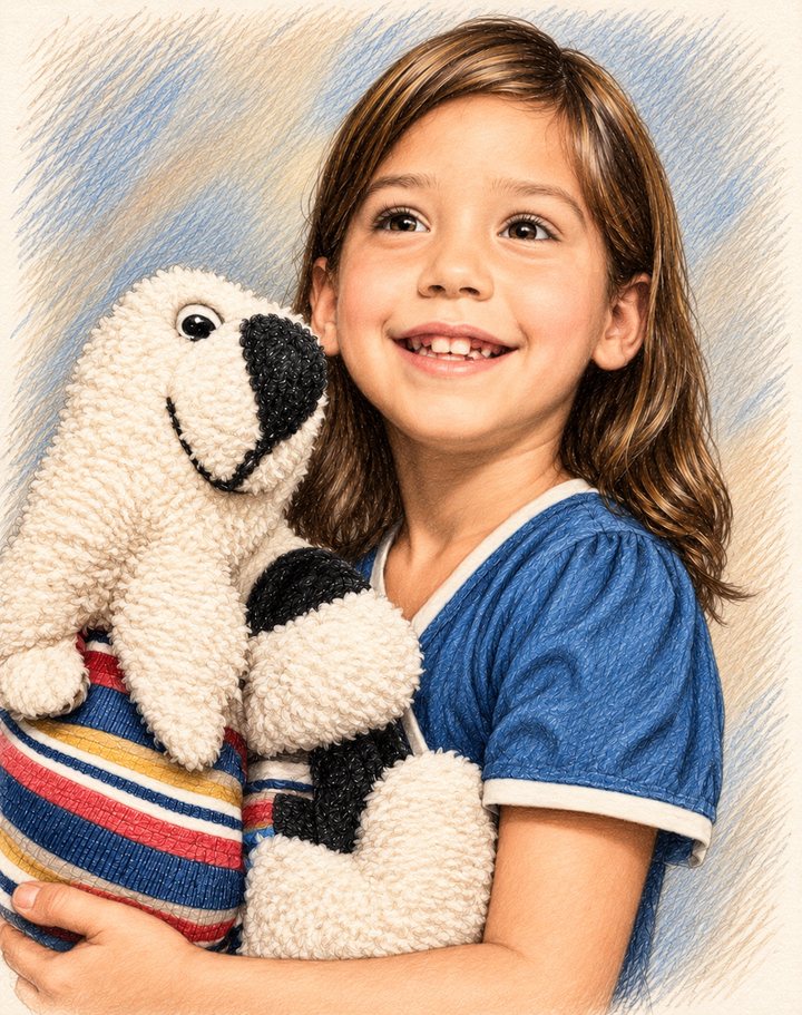 Colored-pencil style portrait of a smiling girl with shoulder-length brown hair in a blue shirt, holding a white and black stuffed dog