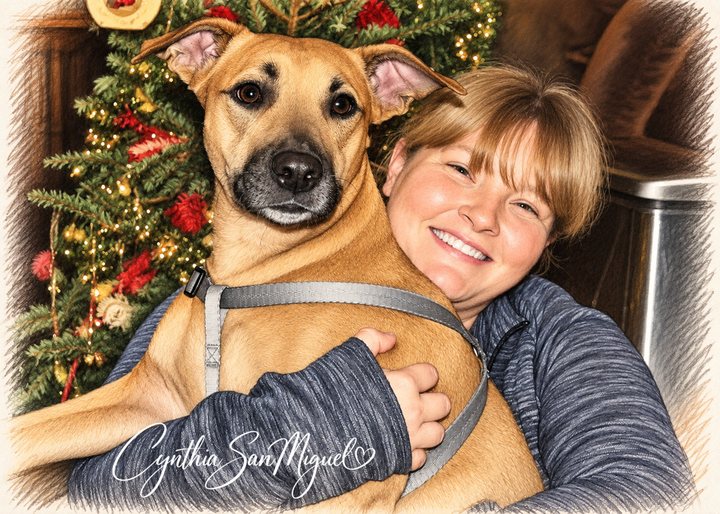 Colored-pencil style portrait, signed Cynthia San Miguel, of a smiling woman with bangs hugging a tan dog in a gray harness in front of a decorated Christmas tree