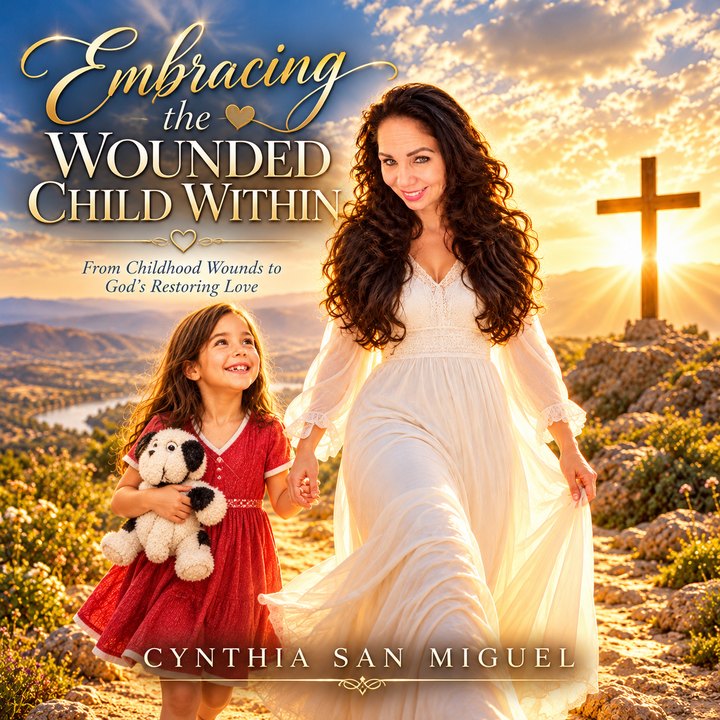Cover of Embracing the Wounded Child Within: a woman in a white dress holds the hand of a girl in a red dress who carries a stuffed dog, on a hillside with a cross at sunrise