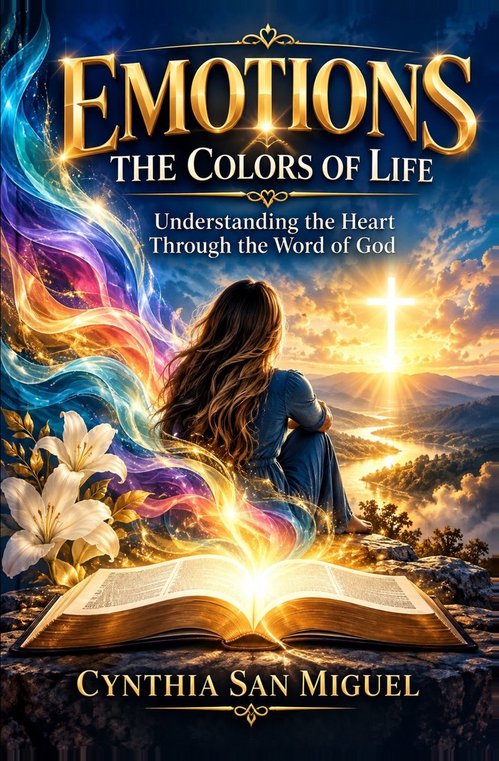 Cover of Emotions: The Colors of Life, Understanding the Heart Through the Word of God, by Cynthia San Miguel: a woman with long hair sits on a cliff beside an open glowing Bible, with colorful ribbons of light and a cross in the sunrise