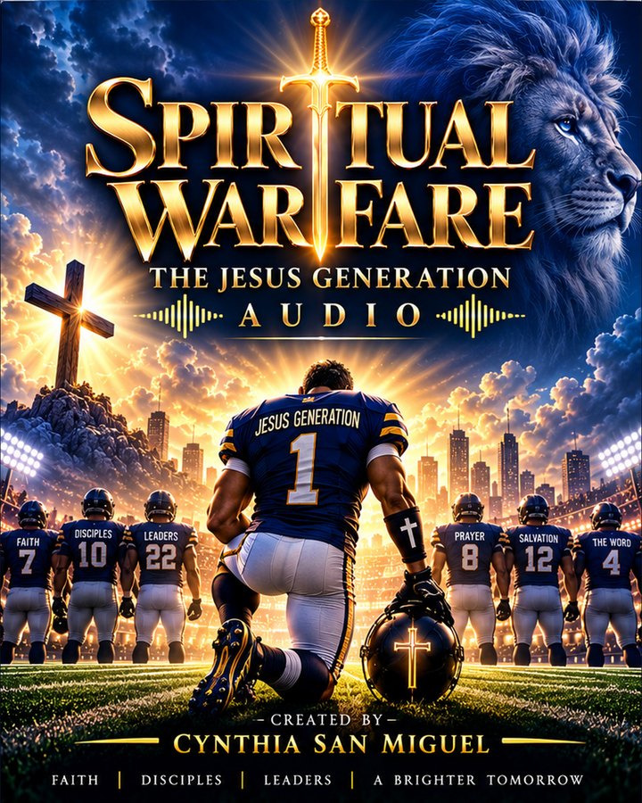 Cover of The Jesus Generation, Spiritual Warfare, The Jesus Generation Audio, created by Cynthia San Miguel: a football player kneels on a field before his teammates, with a cross on a hill, a lion in the clouds and a golden sword in the title
