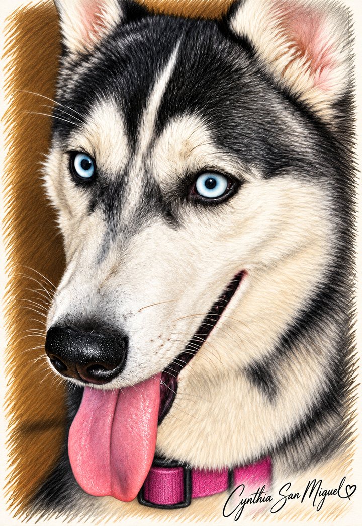 Detailed illustration of a black and white husky with blue eyes, tongue out and a pink collar, signed Cynthia San Miguel
