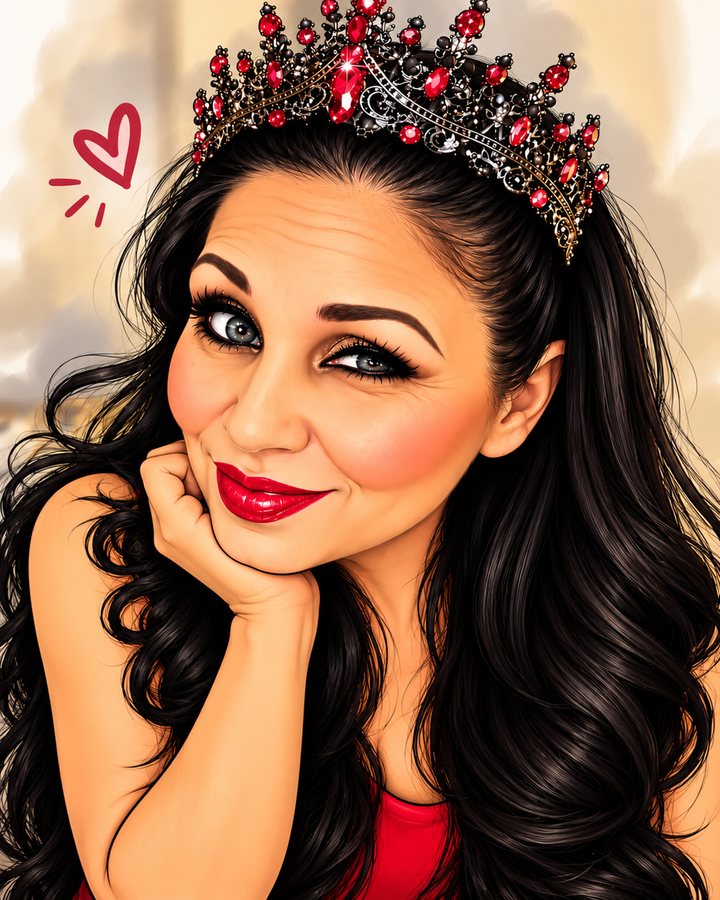 Digital portrait illustration of a woman with long black wavy hair, a ruby-studded tiara and red lipstick, resting her chin on her hand beside a small red heart
