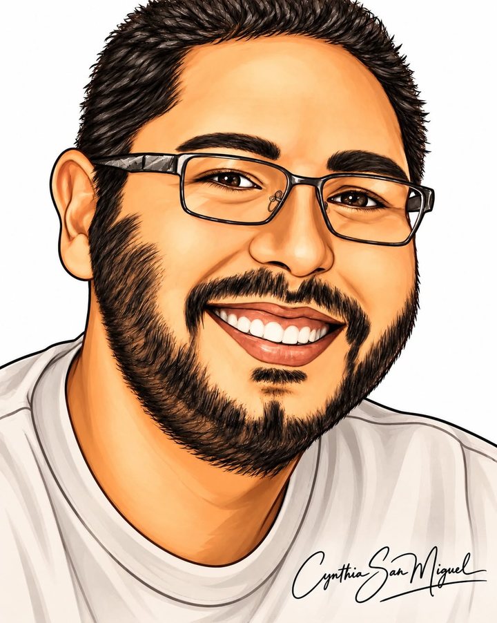 Illustrated portrait of a smiling man with glasses and a trimmed beard, wearing a white t-shirt, signed Cynthia San Miguel