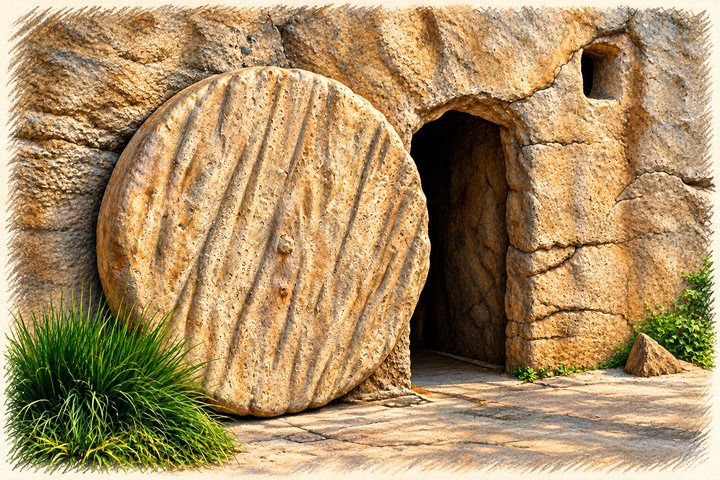 Illustration of a rock-hewn tomb with a large round stone rolled aside from the open entrance, with tufts of green grass at its base