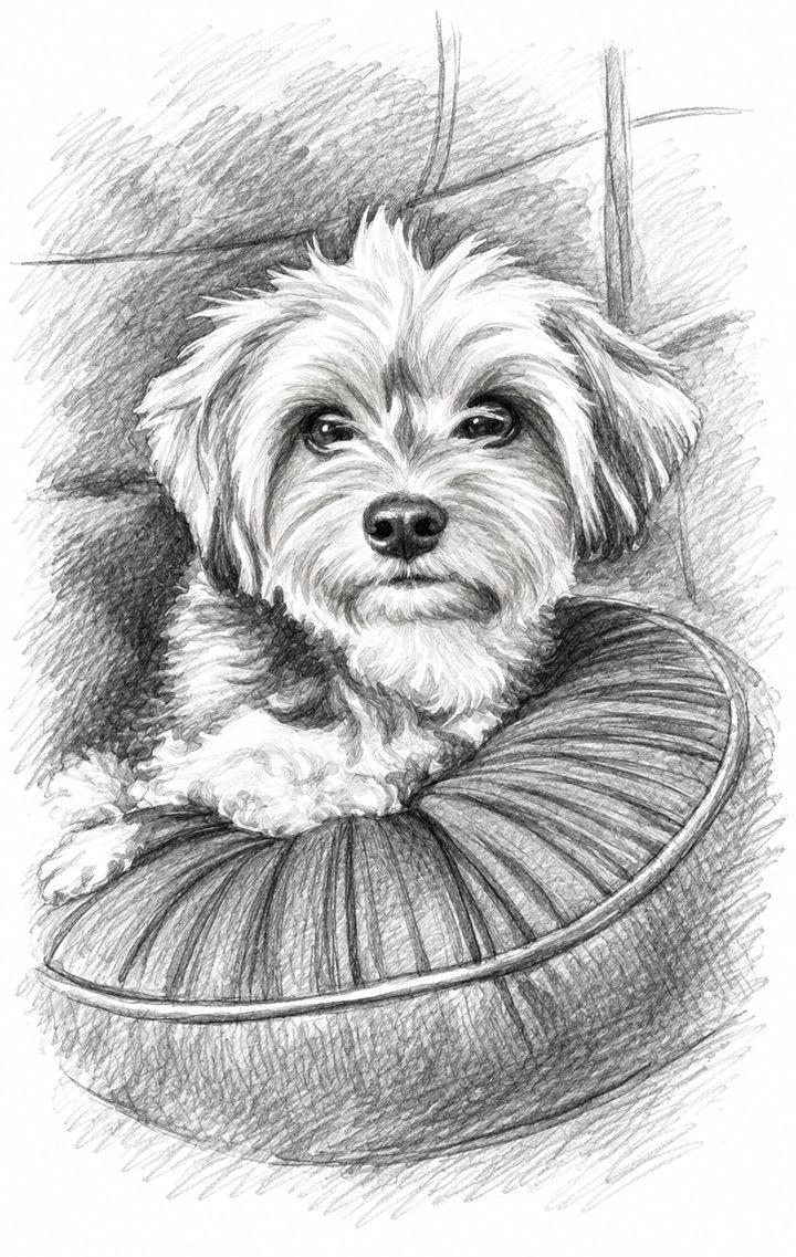 Pencil drawing of a small fluffy dog resting on a round tufted cushion