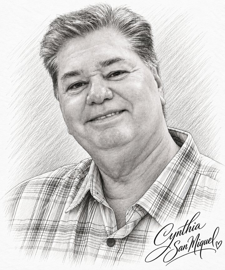 Pencil-style portrait of a smiling man in a plaid collared shirt, signed Cynthia San Miguel