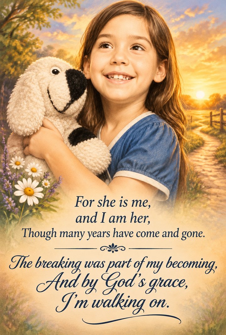 Poster of the closing lines of the poem, lettered in script and serif type over an illustration of a smiling girl hugging a stuffed dog beside a country path at sunset
