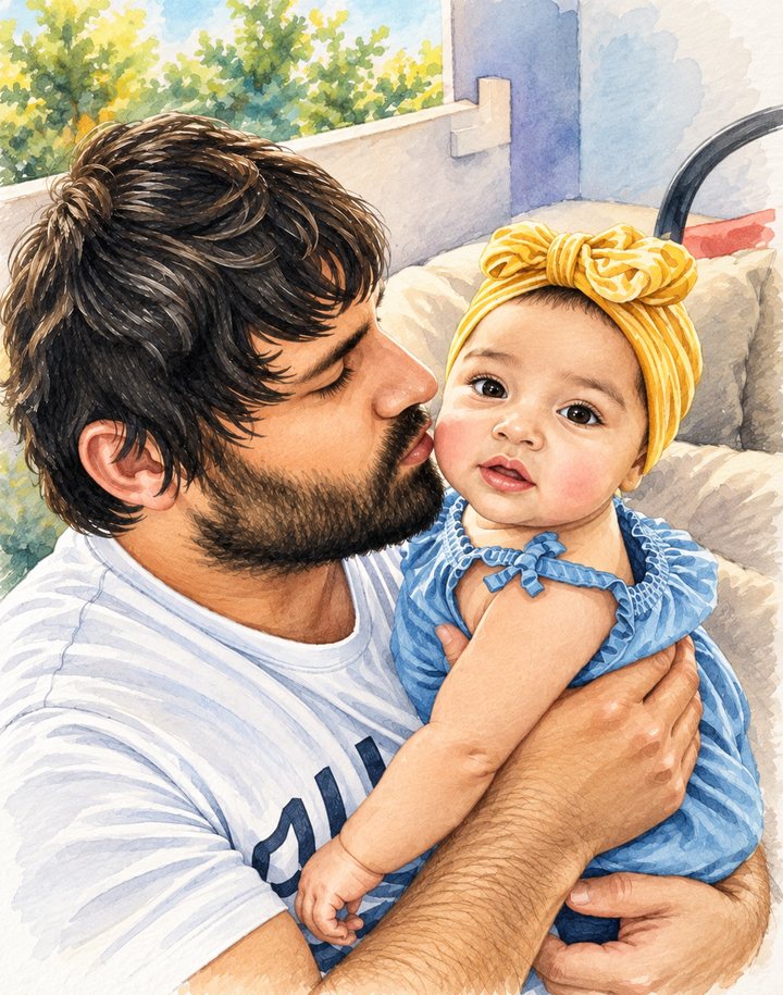 Watercolor-style illustration of a bearded man kissing the cheek of a baby in a yellow headwrap and blue romper