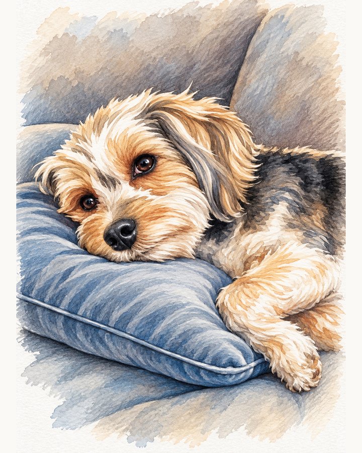 Watercolor-style illustration of a small tan and gray dog resting its head on a blue pillow